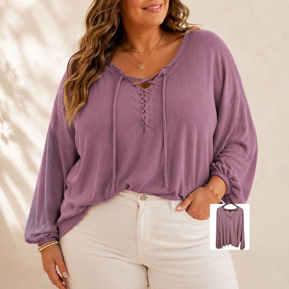 Torrid Waffle Knit Tunic‎ Top Lace Up Boho Long Sleeve Blouse Pink 3X